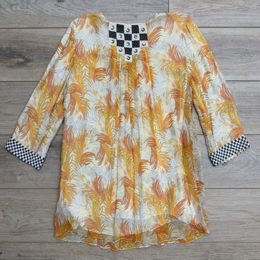 Calypso st‎ Barth Beaded Silk Split Neck Tunic Blouse Tropical Luxury Womens Med - Picture 8 of 16